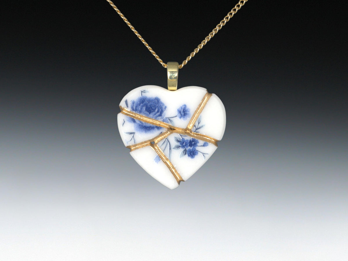 Blue Floral Kintsugi Heart Necklace, Gold Seam Porcelain Pendant, 20th Anniversary, China Anniversary