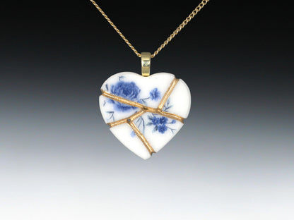 Blue Floral Kintsugi Heart Necklace, Gold Seam Porcelain Pendant, 20th Anniversary, China Anniversary