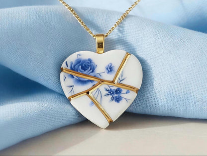 Blue Floral Kintsugi Heart Necklace, Gold Seam Porcelain Pendant, 20th Anniversary, China Anniversary