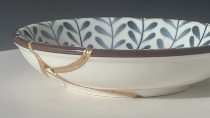 Small Blue and White Kintsugi Plate with Leaves and Swirl