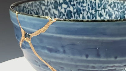 Large Blue Kintsugi Bowl with Ivy Pattern