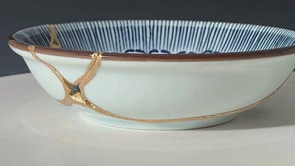 Small Blue and White Kintsugi Plate with Pattern