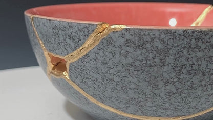 Small Salmon and Gray Kintsugi Bowl
