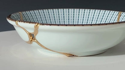 Small Blue and White Kintsugi Plate with Lines