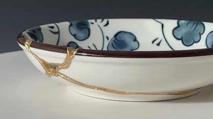Small Blue and White Kintsugi Plate with Leaves