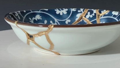 Small Blue and White Kintsugi Plate with Vines