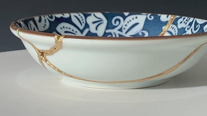Small Blue and White Kintsugi Plate with Leaves