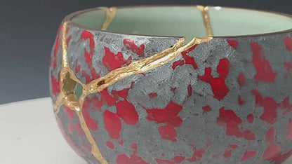 Small Red and Gray Kintsugi Teacup with Texture