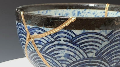 Medium Blue and White Kintsugi Bowl with Aranami Pattern
