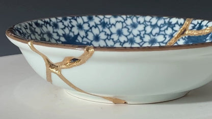 Small Blue and White Kintsugi Plate with Small Flowers