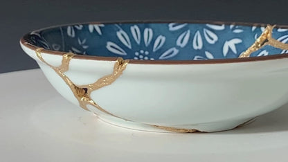 Small Blue and White Kintsugi Plate with Flowers