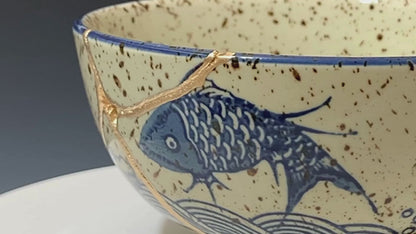 Medium Beige Kintsugi Bowl with Fish Image