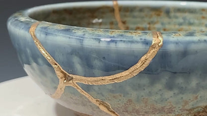 Medium Brown and Blue Kintsugi Bowl