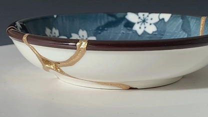Small Blue Kintsugi Plate with White Flowers