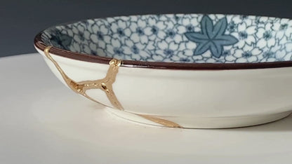 Small Blue and White Kintsugi Plate With Small Flowers