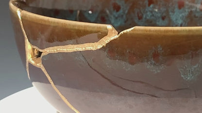 Large Brown Kintsugi Bowl with Peacock Pattern