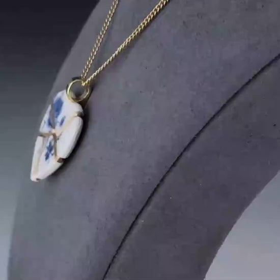 Blue Floral Kintsugi Heart Necklace, Gold Seam Porcelain Pendant, 20th Anniversary, China Anniversary